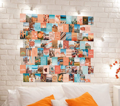 Peach Aesthetic Wall Collage Kit, Room Decor for Teen Girls, Peachy Teal Wall Art Print, Dorm Photo Collection, Boho Posters for Room Aesthetic… (Peach 100 Set)