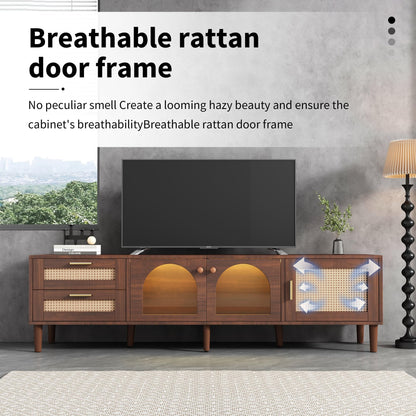 Ball & Cast Rattan TV Stand for TVs up to 80",Modern Entertainment Center with LED Light and 2 Drawers & 3 Doors,TV Media Console w/Storage Cabinets and Solid Wood Legs for Living Room,Dark Brown