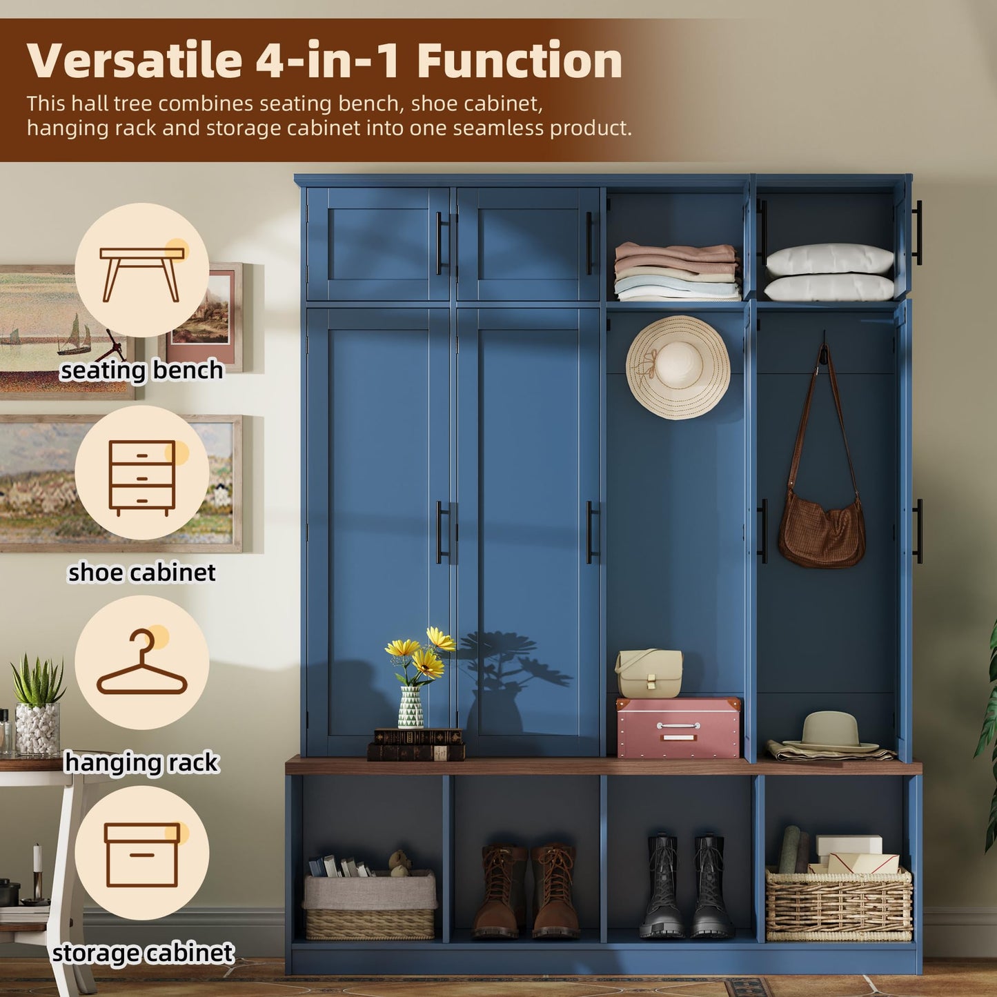 Hall Tree with Entryway Bench and Shoe Cabinet, Multi-Functional Seating Bench with 4 Hanging Hooks and 8 Doors, Blue