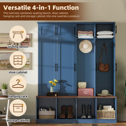 Hall Tree with Entryway Bench and Shoe Cabinet, Multi-Functional Seating Bench with 4 Hanging Hooks and 8 Doors, Blue