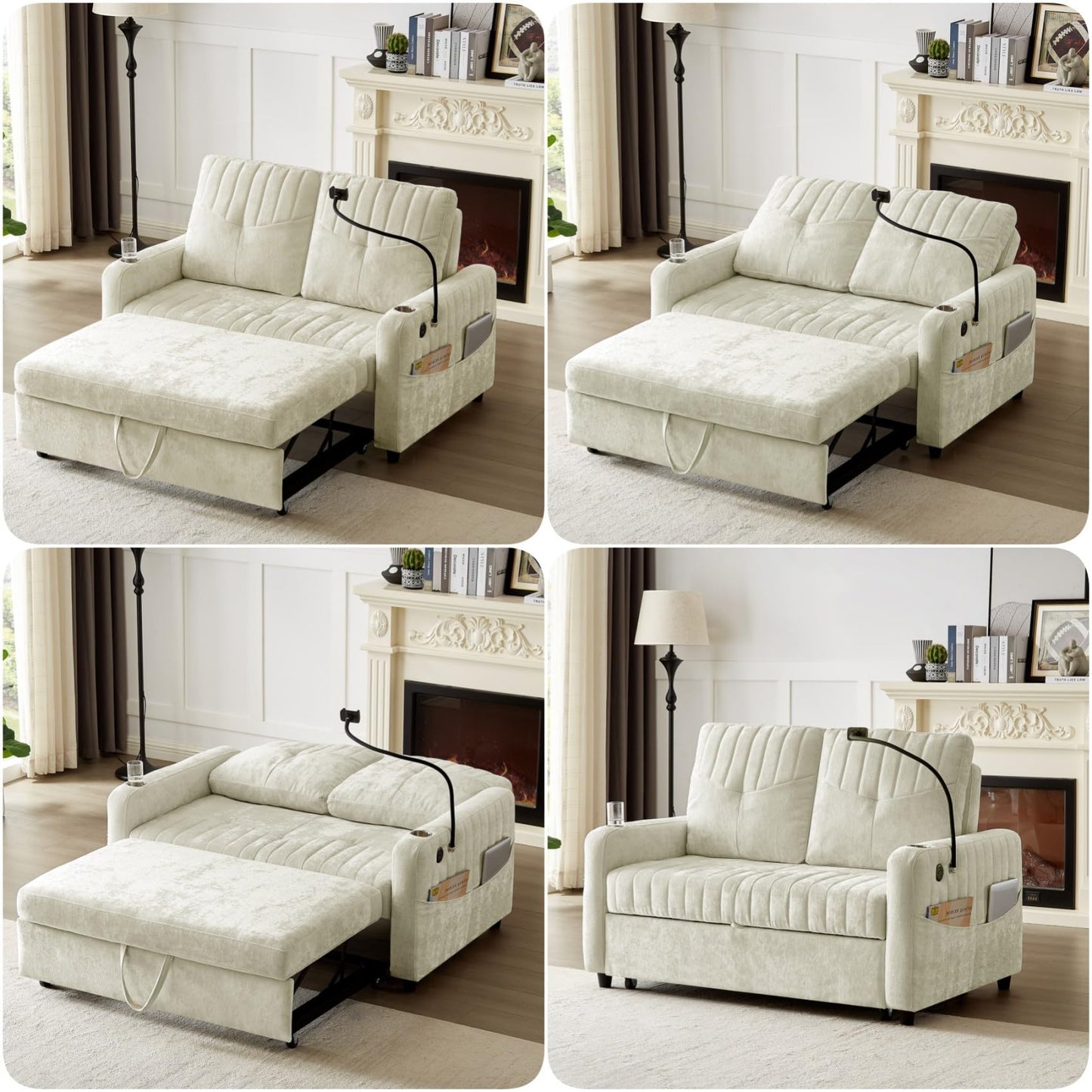 Merax Chenille 3-in-1 Pull Out Sleeper Sofa Bed Couch, 54" Convertible Futon Loveseat with Adjustable Backrest, 2 Cup Holders, Phone Stand, 3 Charging Ports and Storage Pockets for Living Room, Beige