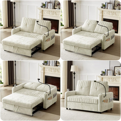 Merax Chenille 3-in-1 Pull Out Sleeper Sofa Bed Couch, 54" Convertible Futon Loveseat with Adjustable Backrest, 2 Cup Holders, Phone Stand, 3 Charging Ports and Storage Pockets for Living Room, Beige