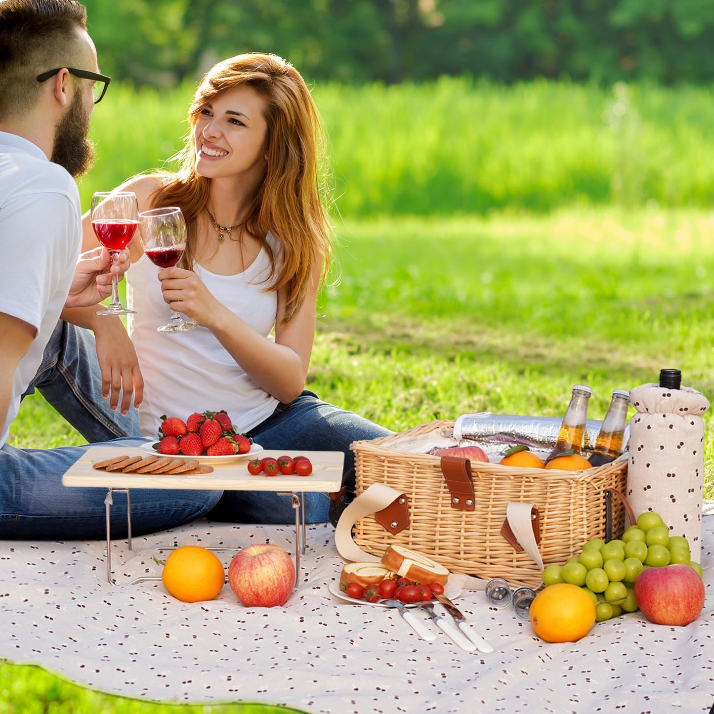 HappyPicnic Picnic Basket for 2, Handmade Wicker Picnic Set with Folding Table and Waterproof Blanket, Large Insulated Picnic Basket with Wine Bag & Cutlery Kit for Picnic, Camping, Holidays (Cherry)