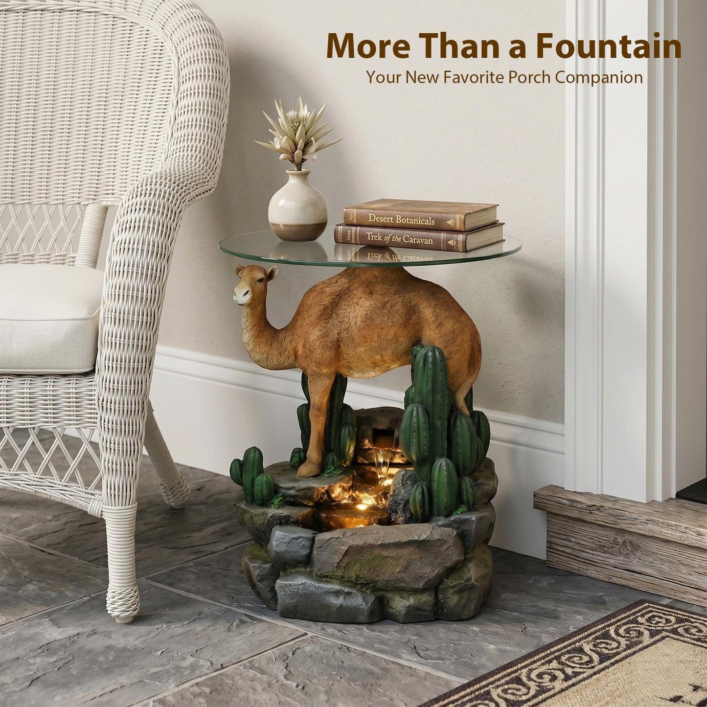 Camel & Cacti 4-Tier Waterfall Outdoor Indoor Side Table 22.8" H Glass Top Fountain with LED Lights Resin Desert Decor End Table for Garden Patio Living Room Balcony