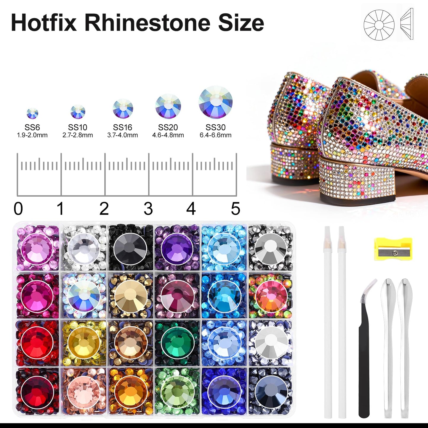 24 Colors Hotfix Rhinestones Kit, SS30 Glass Flatback Crystals for Clothes, Hats, Shoes & Crafts with 4 Tools, Tweezers, Wax, Pencil, Spoon hot fix kit（Color B）