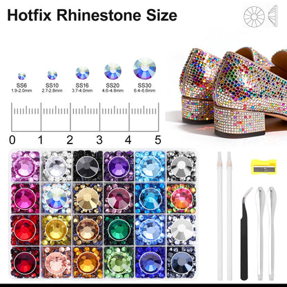 24 Colors Hotfix Rhinestones Kit, SS30 Glass Flatback Crystals for Clothes, Hats, Shoes & Crafts with 4 Tools, Tweezers, Wax, Pencil, Spoon hot fix kit（Color B）