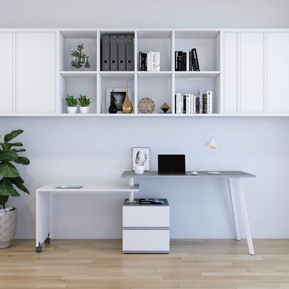 Adjustable L-Shaped Computer Desk with Rolling Tabletop for Multiple Configurations, Two-Drawer Cabinet, and Sturdy Steel Legs – Space-Saving, Ergonomic Design for Home Office or Workspace, Grey