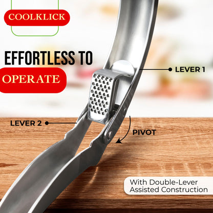 Coolklick Heavy Duty Garlic Press, No Peeling Needed, Stainless Steel Professional Garlic Mincer & Crusher, Dual Lever-Assisted Design with Large Capacity Chamber for Effortless Garlic Crushing.