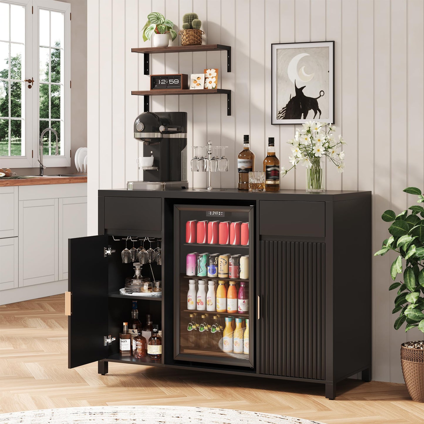 Garvee 53" Large Coffee Bar Cabinet with Fridge Space, Mini Fridge Cabinet with Wine Storage, Buffet Sideboard Table for Home, Fluted Liquor Cabinet with Wine Rack for Home, Living Room-Black