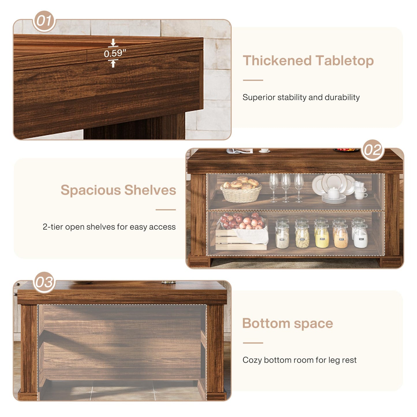 Tribesigns Kitchen Island with Storage, 55-Inch Farmhouse Stationary Island Table with Large Countertop, 3-Tier Wooden Center Bar Table for Kitchen, Dining Room, Dark Brown