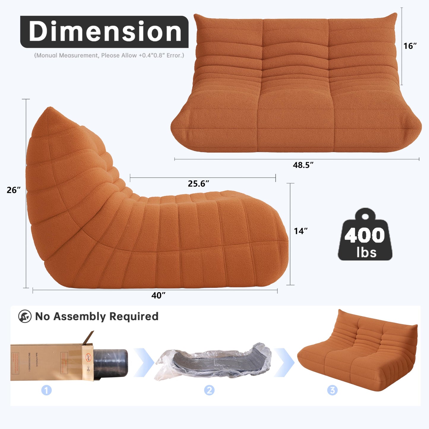 WHGBJA Bean Bag Chairs for Adults, Memory Foam Couch Loveseat Sofa Chair, Soft Teddy Material Cozy Comfy Reading Nook Chairs, Floor Chair for Living Room Bedroom Office(Orange)