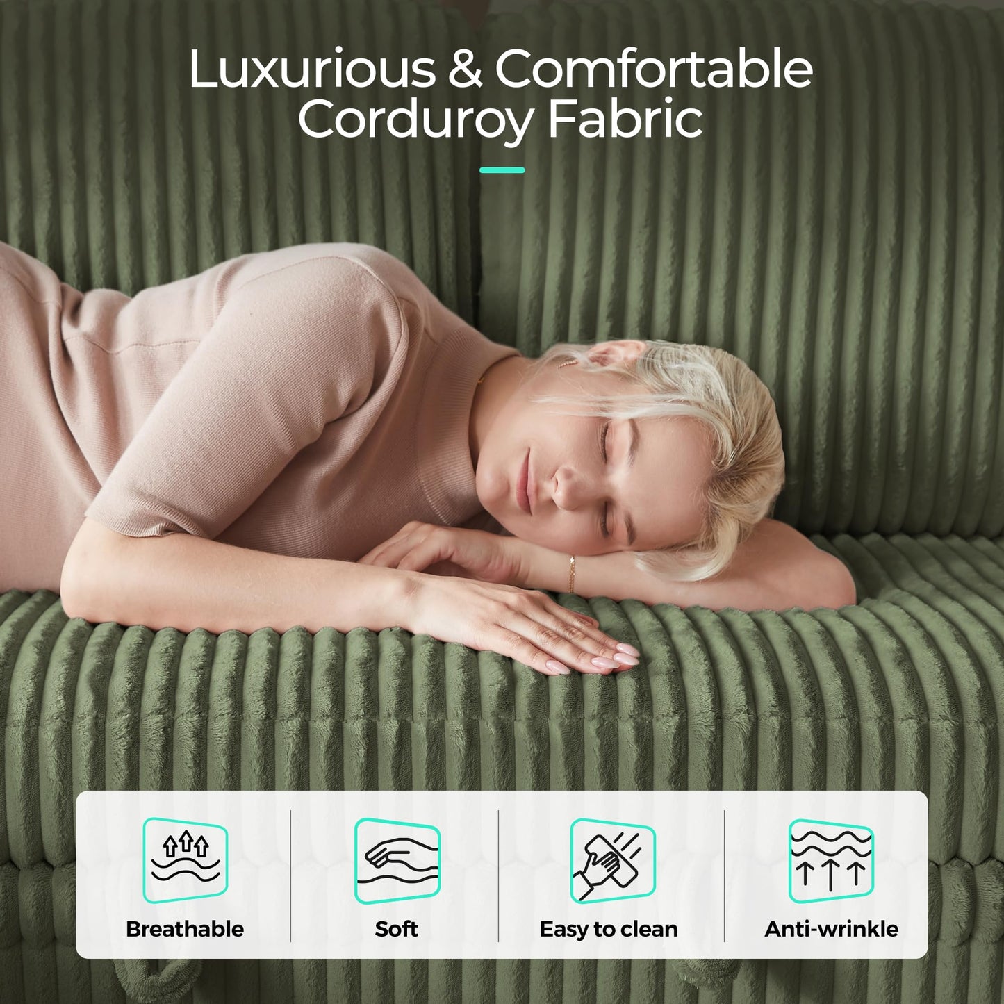 LINSY HOME Sectional Sleeper Sofa with Storage Chaise & USB Charging, Convertible Pull Out Couch Bed Plush Corduroy Modular Sectional Couches for Living Room Apartment (Green)