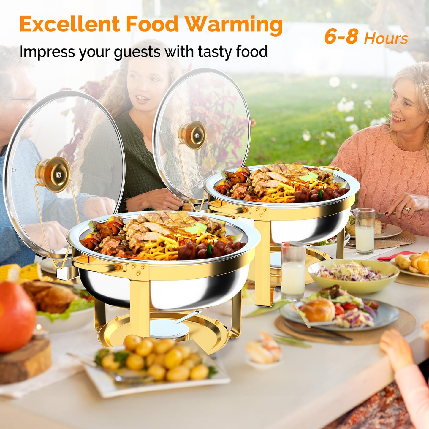 ROVSUN Chafing Dishes for Buffet 8Pack, 6QT Round Chafing Dish Buffet Set with Glass Lid & Lid Holder, Stainless Steel Chafers and Buffet Warmers Sets for Party Wedding Catering Events, Gold