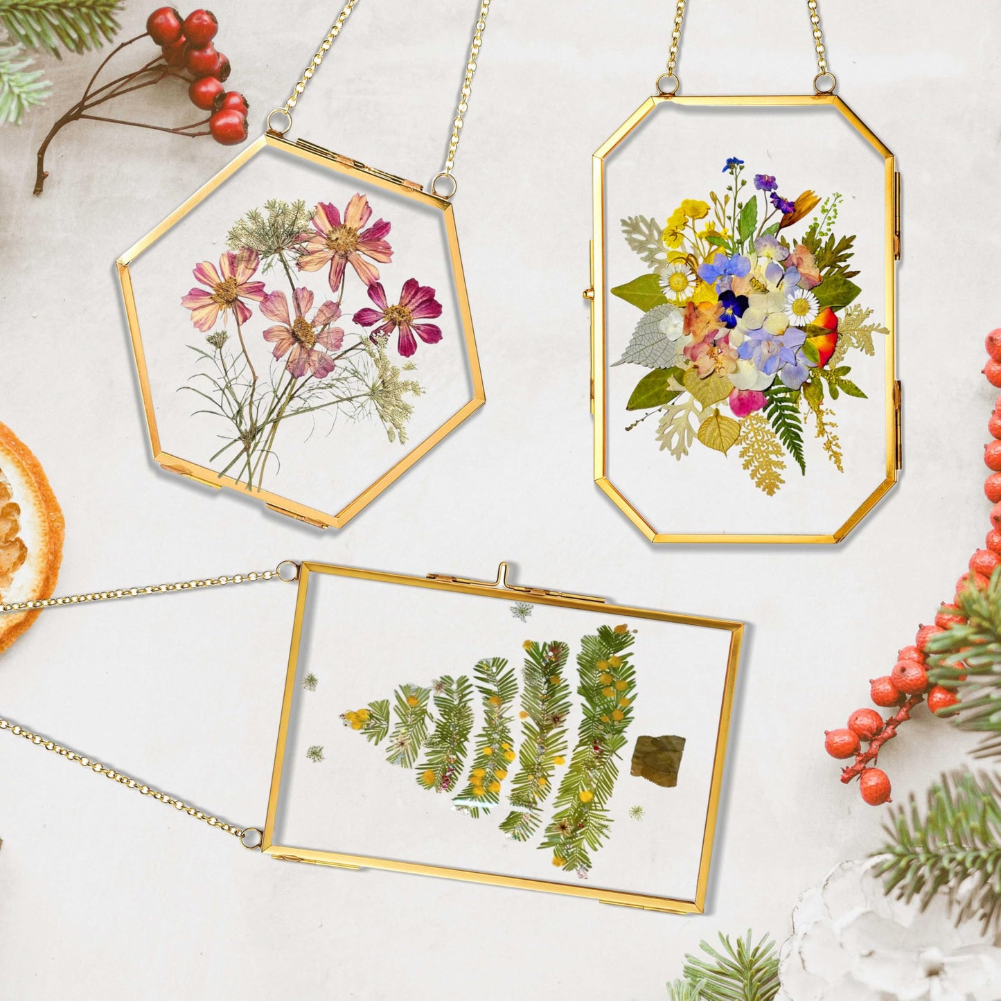 IcosaMro 3 Pack Double Glass Frame for Pressed Flowers 4"x 6" Adult Craft Kits with Brass Glass Frames & 4 Sheets Pressed Flower, Window Hanging Wall Decor Frame for Dried Flowers Leaves Plants