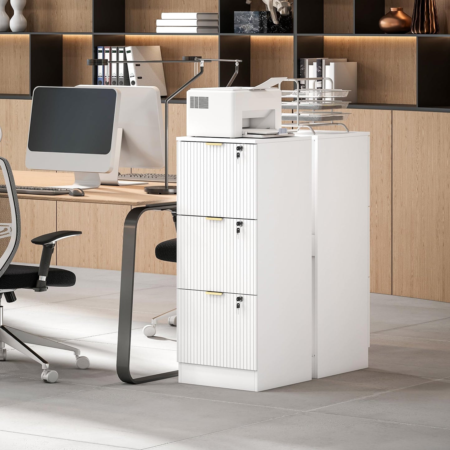 HOMCOM 3 Drawer File Cabinet, Fluted Vertical Filing Cabinet with Lock and Adjustable Hanging Rails for A4 Letter Size Files, Printer Stand with Storage, White