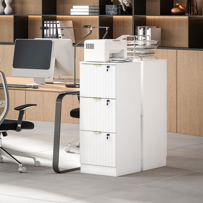 HOMCOM 3 Drawer File Cabinet, Fluted Vertical Filing Cabinet with Lock and Adjustable Hanging Rails for A4 Letter Size Files, Printer Stand with Storage, White