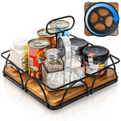 WRINGKIT Condiment Caddy with Handle Lazy Susan, 9 Inch Wood Spice Caddy, 360° Turntable Organizer for Cabinet, Kitchen, Condiment Holder for Table, Restaurants, Seasoning Tray