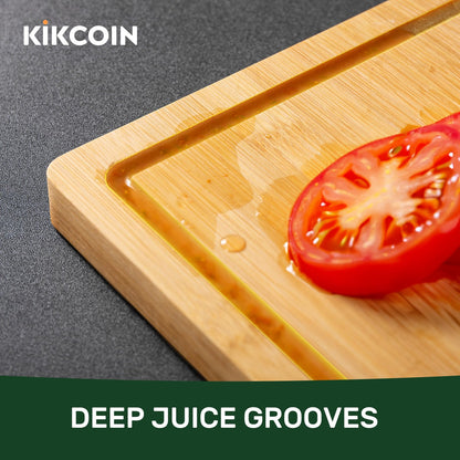 Kikcoin 17”×11” Bamboo Cutting Boards for Kitchen, Healthy Wooden Cutting Boards for Kitchen, Charcuterie, Vegetables, Cheese, Extra Large Chopping Boards with Deep Juice Groove and Handle, Natural
