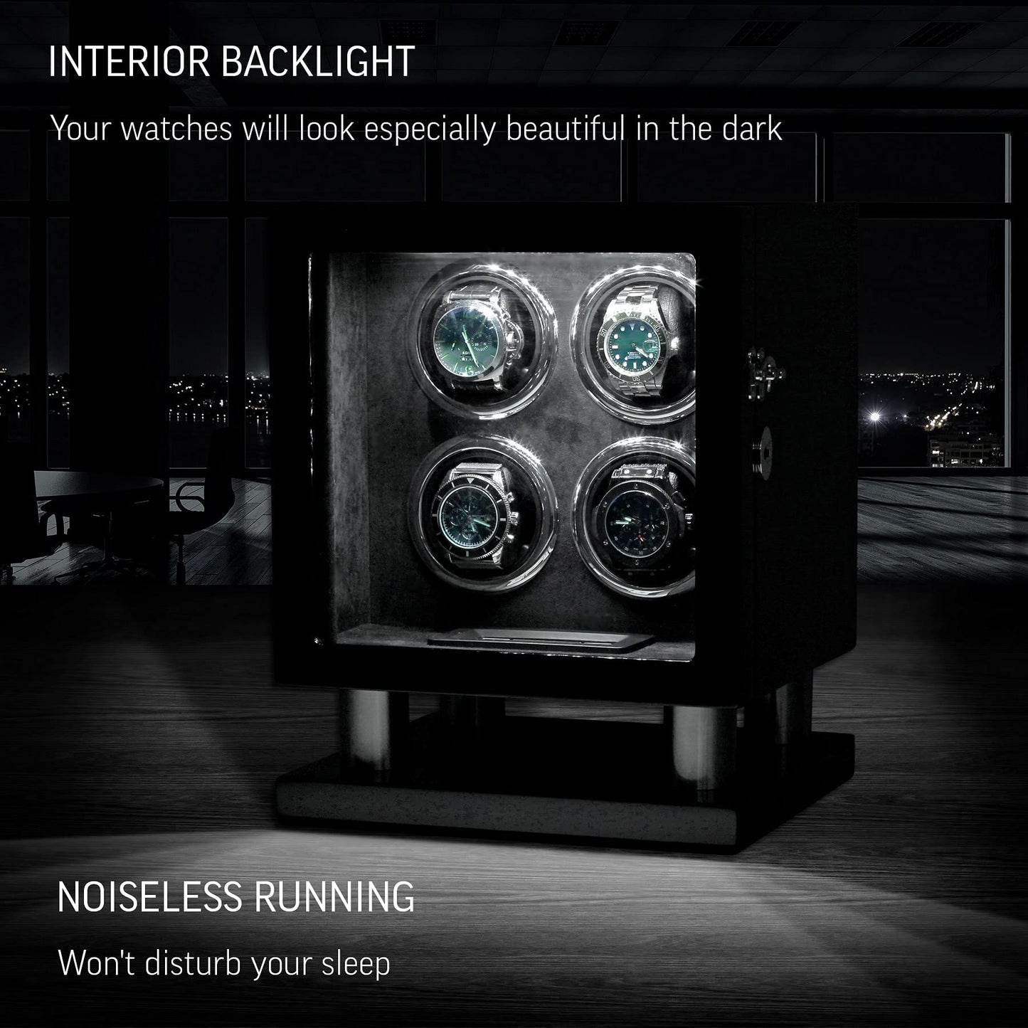 Watch Winder for 4 Watches with LED Backlight, LCD Display and Motor-Stop Option (Black & Black)