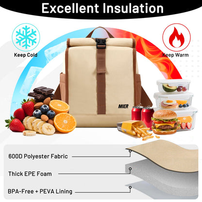 MIER Insulated Lunch Bag Roll Top Lunchbox for Women Men Adults Foldable Rolltop Lunch Tote with Shoulder Strap for Work Office Picnic, Water Bottle Holder, Khaki