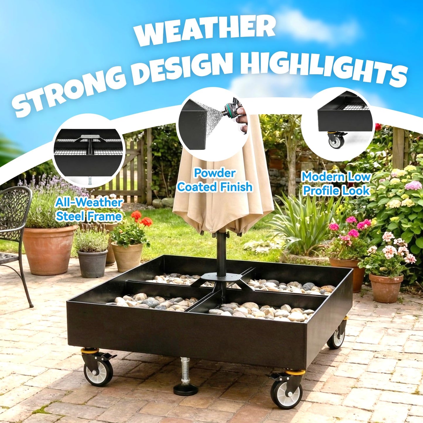 DRKSBESTO Cantilever Umbrella Base with Wheels, Heavy Duty Patio Umbrella Base Fillable with Stones, Large 37.79 Inch Square Base, Steel Frame Outdoor Stand for Offset Umbrellas