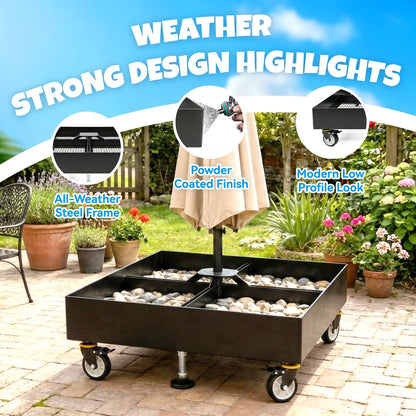 DRKSBESTO Cantilever Umbrella Base with Wheels, Heavy Duty Patio Umbrella Base Fillable with Stones, Large 37.79 Inch Square Base, Steel Frame Outdoor Stand for Offset Umbrellas