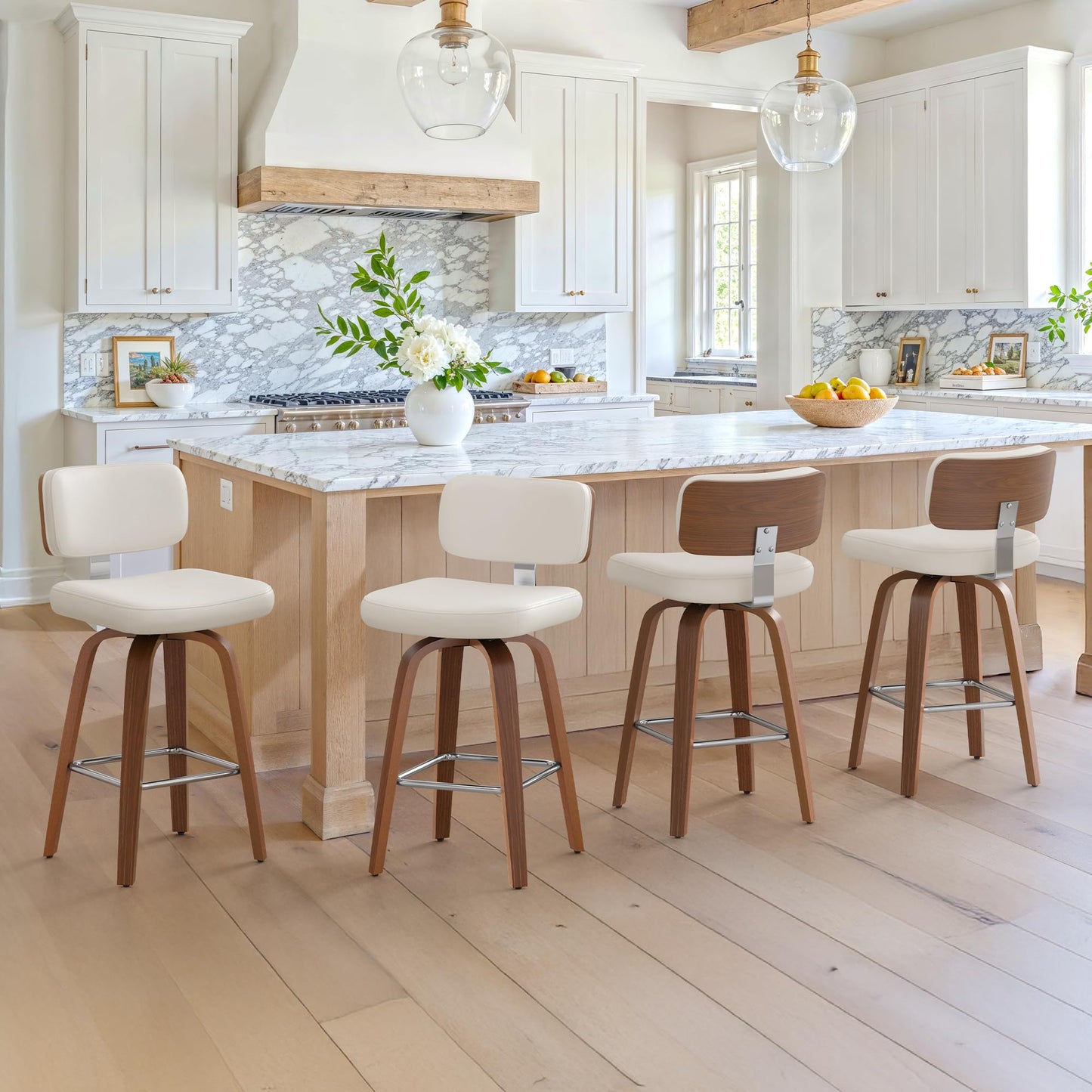 Cozyman Swivel Counter Height Bar Stools Set of 4, 26" Upholstered Seat Barstools with Back Walnut Wood Legs, Mid-Century PU Leather Bar Stools with Footrest for Island/Kitchen/Counter/Bar, White