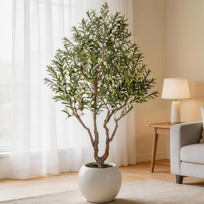 Artificial Olive Tree 8FT Tall Faux Olive Tree Premium Artificial Indoor with Natural Wood Trunk and Lifelike Fruits Realistic White Round Planter Potted for Home Office Living Room Decor