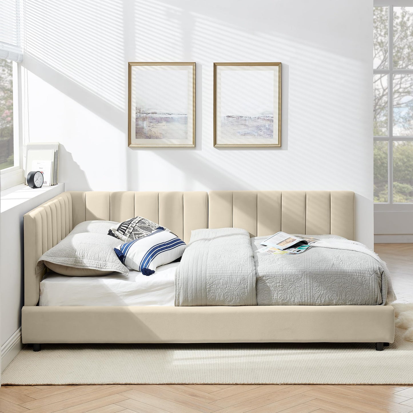 DNYN L-Shaped Velvet Daybed with Backrest and Armrest for Bedroom/Guest Room, Full Size Upholstered Sofabed Frame with Wooden Slats Support, No Box Spring Needed & Easy Assemble