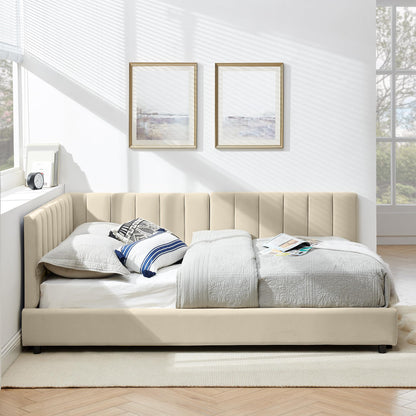 DNYN L-Shaped Velvet Daybed with Backrest and Armrest for Bedroom/Guest Room, Full Size Upholstered Sofabed Frame with Wooden Slats Support, No Box Spring Needed & Easy Assemble