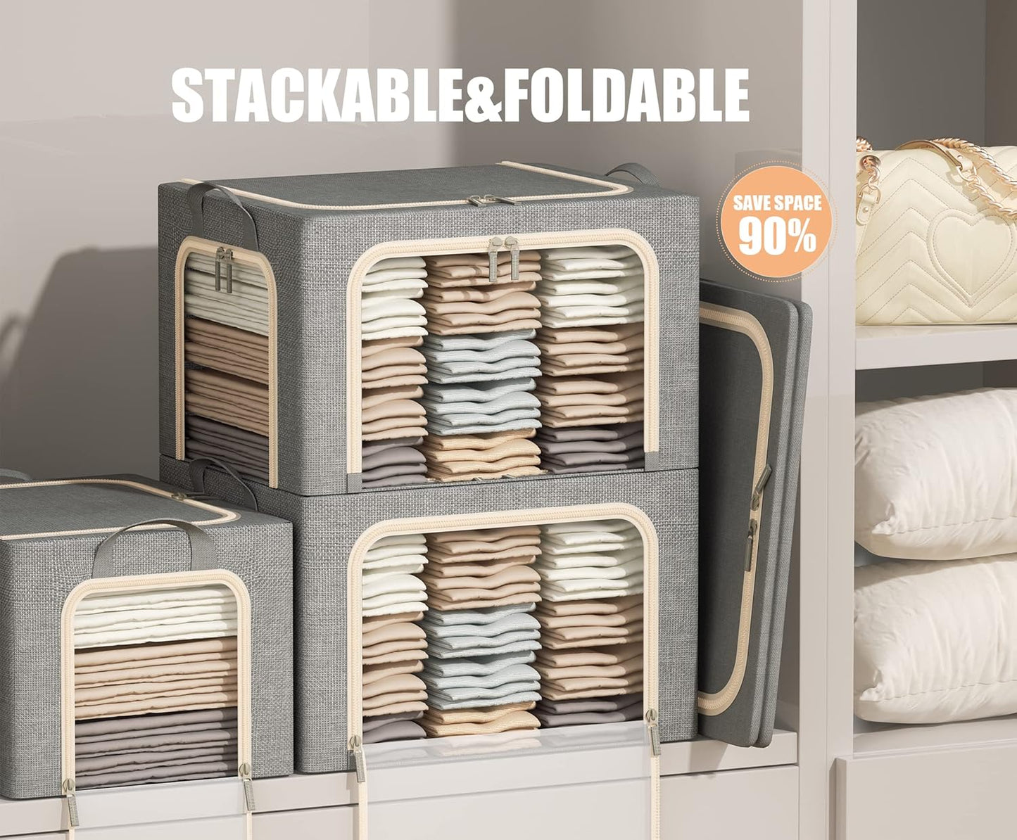 Skiennix Foldable Clothes Storage Bins - Durable Metal Frame with Clear Window | 3 Pack, Light Grey, 40L