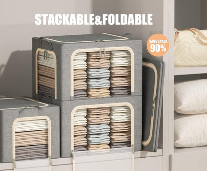 Skiennix Foldable Clothes Storage Bins - Durable Metal Frame with Clear Window | 3 Pack, Light Grey, 40L