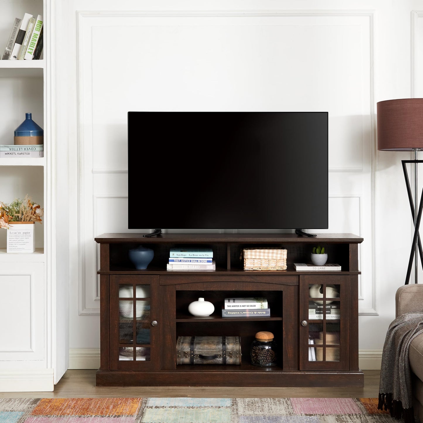 Trygoal Farmhouse TV Stand for 60 Inch TV, 58" Wood Entertainment Center with Glass Doors & 5 Cable Routing Holes, Sturdy Media Console Table for Living Room & Bedroom, Brown
