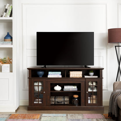 Trygoal Farmhouse TV Stand for 60 Inch TV, 58" Wood Entertainment Center with Glass Doors & 5 Cable Routing Holes, Sturdy Media Console Table for Living Room & Bedroom, Brown