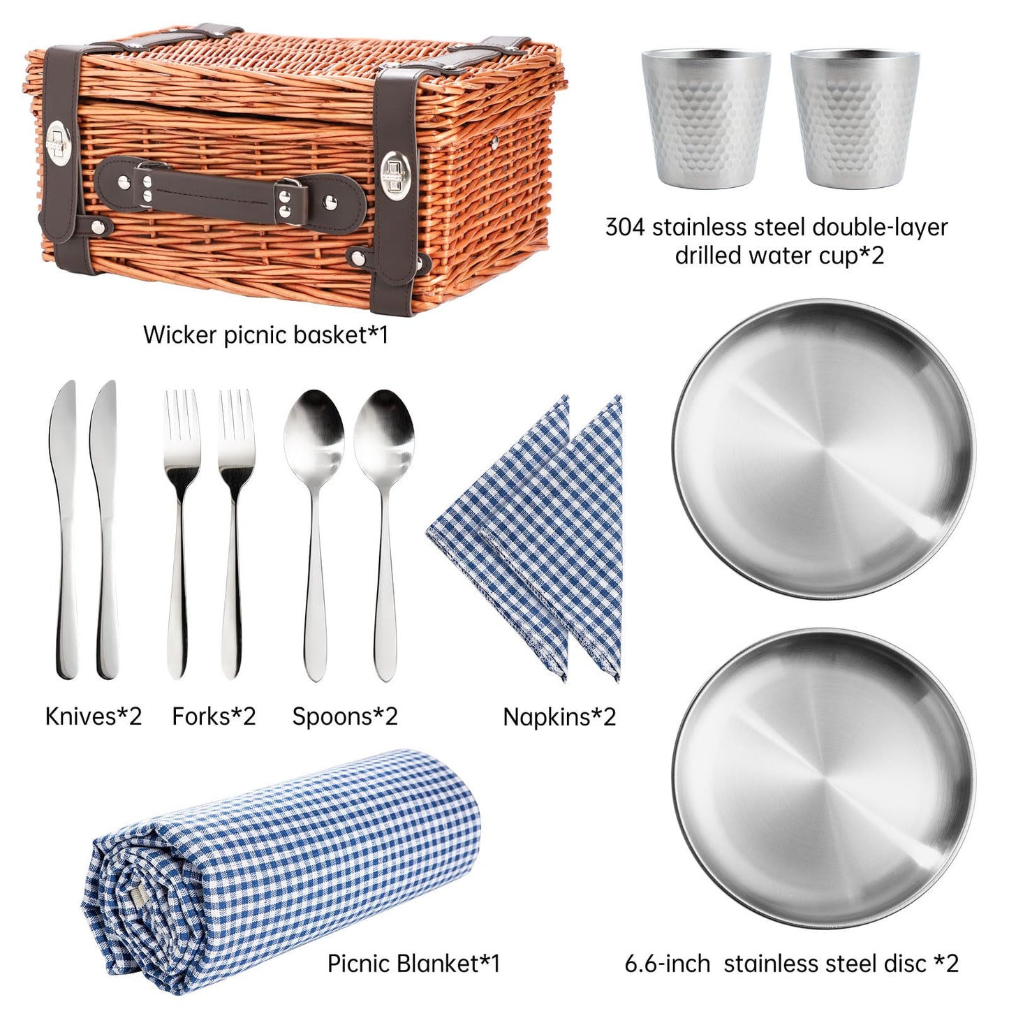 Weavvy Picnic Basket Set for 2, Wicker Picnic Baskets with Waterproof Blanket and Cutlery Service Kit, Willow Hamper for Camping, Outdoors, Valentine's Day, Christmas, Birthday, Wedding Gift