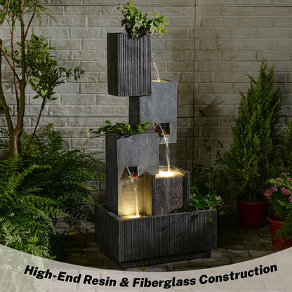 GardesT Outdoor Waterfall Fountain with LED Lights – 41.3" Tiered Resin Garden Fountain for Patio, Yard, or Backyard – Weather-Resistant Design Modern Decor