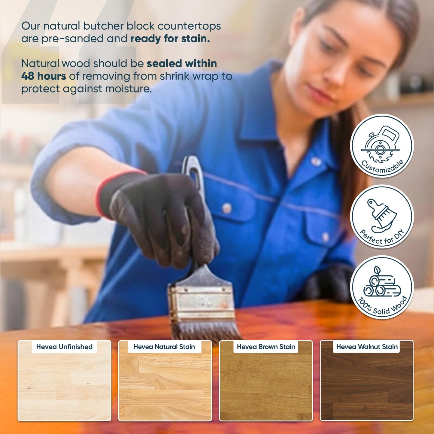 AllForWood 60''L x 36''W x 1.5''Th Hevea Solid Wood Butcher Block Countertop, Butcher Block Table Top for DIY Washer Dryer/Island/Kitchen Countertop (Unfinished)