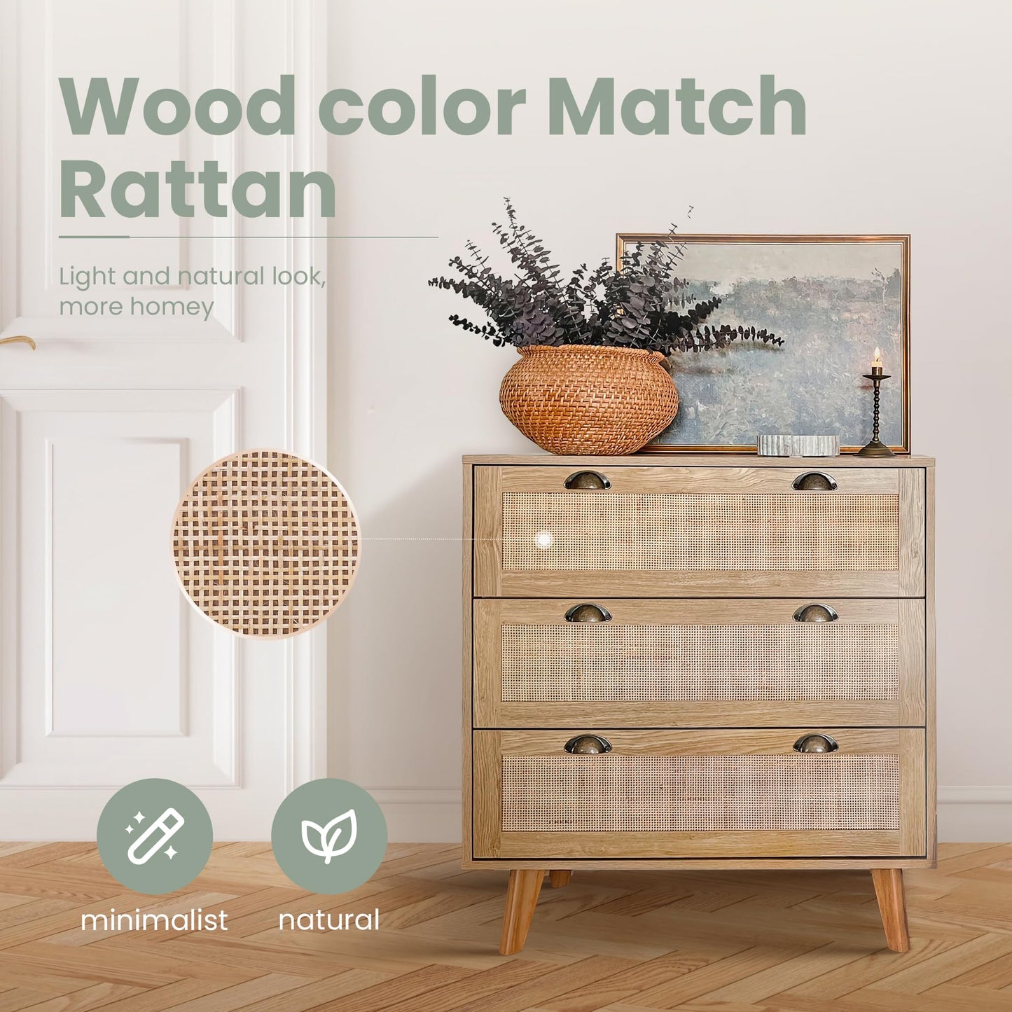 PHI VILLA Rattan Cabinet Set of 2, Boho Entryway 3 Drawer Rattan Storage Cabinet, Small Accent Cabinet