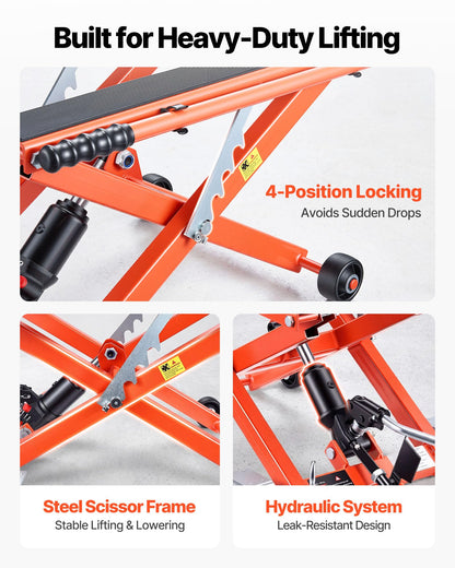 VEVOR Hydraulic Motorcycle Lift Jack, 1100 lbs Capacity, Scissor Lift Jack Portable Motorcycle Hoist Stand with 6 Wheels, 4.72"-15.15" Height Range, Hydraulic Foot-Operated Hoist Stand for Dirt Bikes