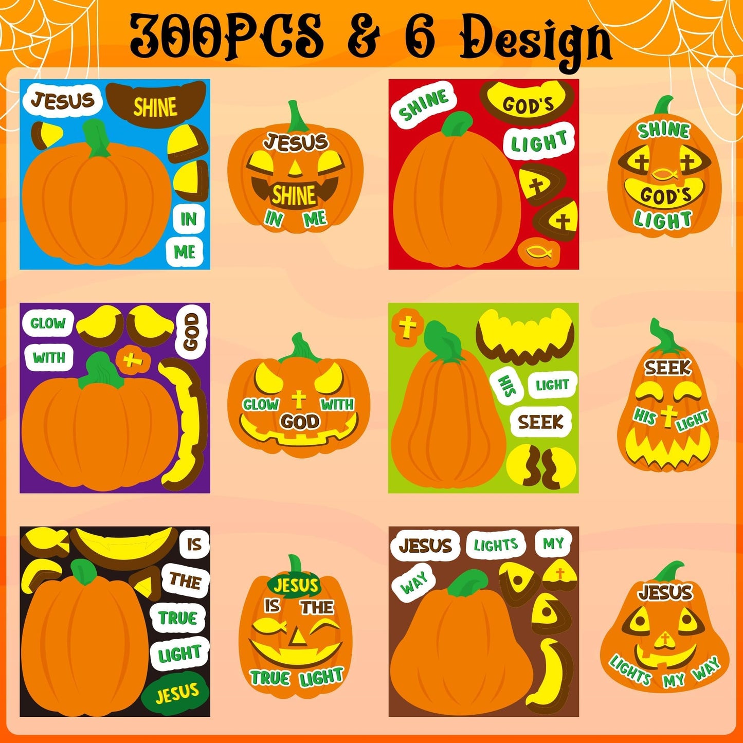 Haooryx Pumpkin Religious Sticker Roll - 300Pcs Make A Autumn Halloween Pumpkin Face Stickers Self Adhesive Waterproof Vinyl Water Bottle Page Activity Pad Fall Party Favor Scrapbook DIY Church Event