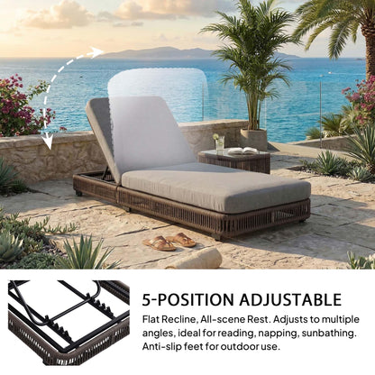Outdoor Chaise Lounge Chair, 5-Position Adjustable Backrest, All-Weather Grey PE Rattan Wicker Recliner with 5 Inch Grey Cushion, Water-resistant Patio Lounge Chair for Poolside, Beach, Backyard