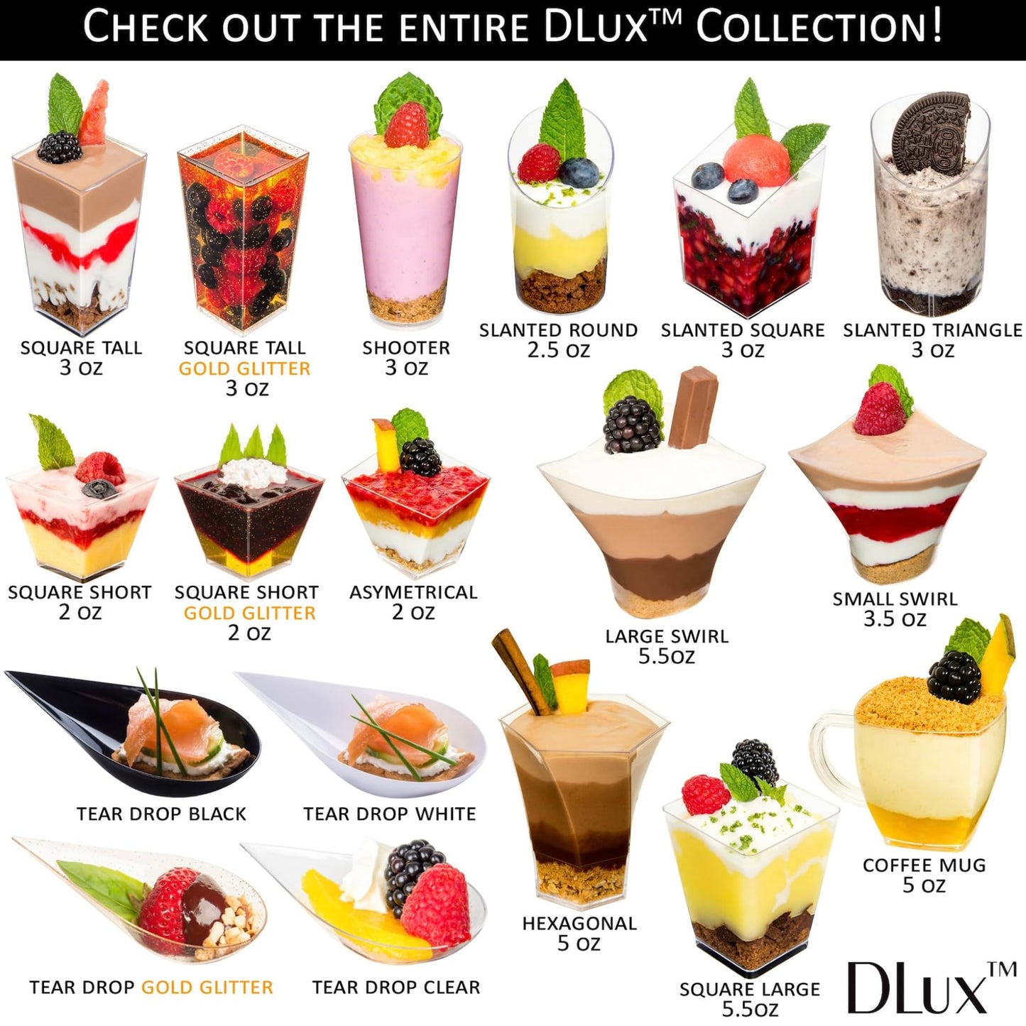 DLux 50 x 3 oz Mini Dessert Cups with Spoons, Shooter - Clear Plastic Parfait Appetizer Cup - Small Reusable Shot Glass for Tasting Party Shooters Desserts Appetizers - With Recipe Ebook