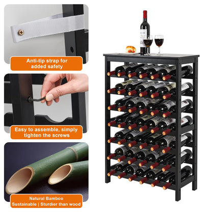 VASMIA 42 Bottles Bamboo Wine Rack,7-Tier Wine Rack Freestanding Floor with Table Top, Wine Storage Shelf for Kitchen Dining Room Bar,Black