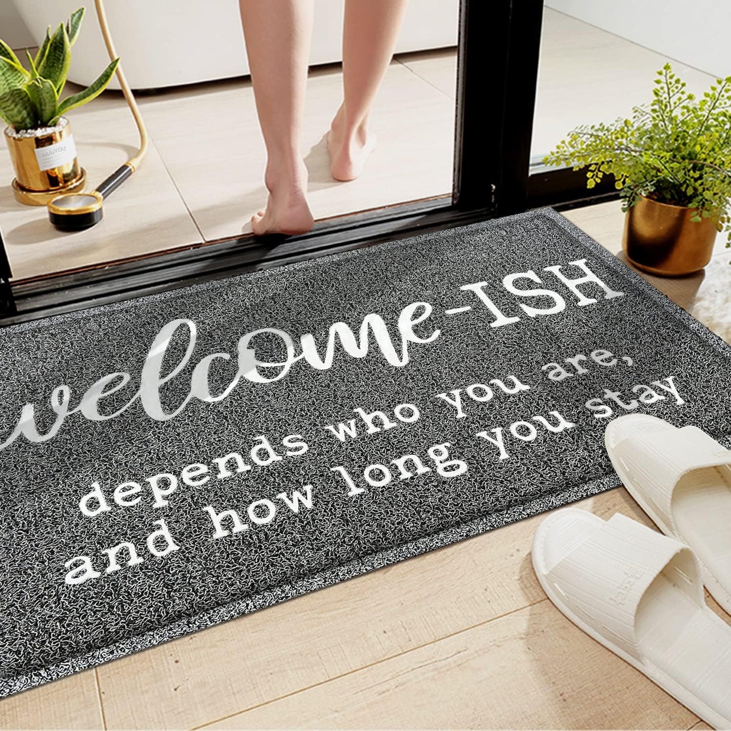 Welcome Mats for Front Door, "Ish Depends Who You Are" Doormat, Anti-Slip Rubber Mat for Indoor & Outdoor