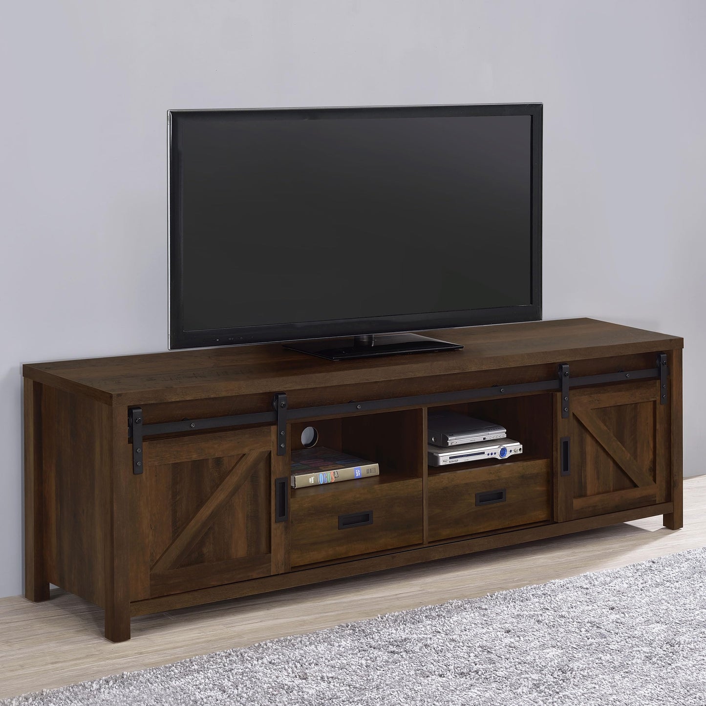 Coaster Home Furnishings - Madra - Engineered Wood - 79-Inch TV Stand with Sliding Barn Doors, 2 Open Shelves - Living Room - Dark Pine - 736273