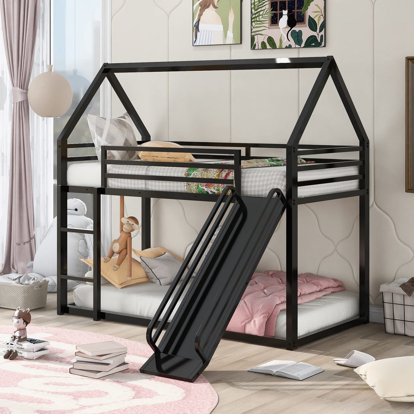 Merax Modern Twin Over Twin Heavy Steel Low Bunk Bed with Ladder and Slide, House Shaped Bunk Bed Frame with Full Lenght Guardrail, No Box Spring Needed, Space-Saving, Black