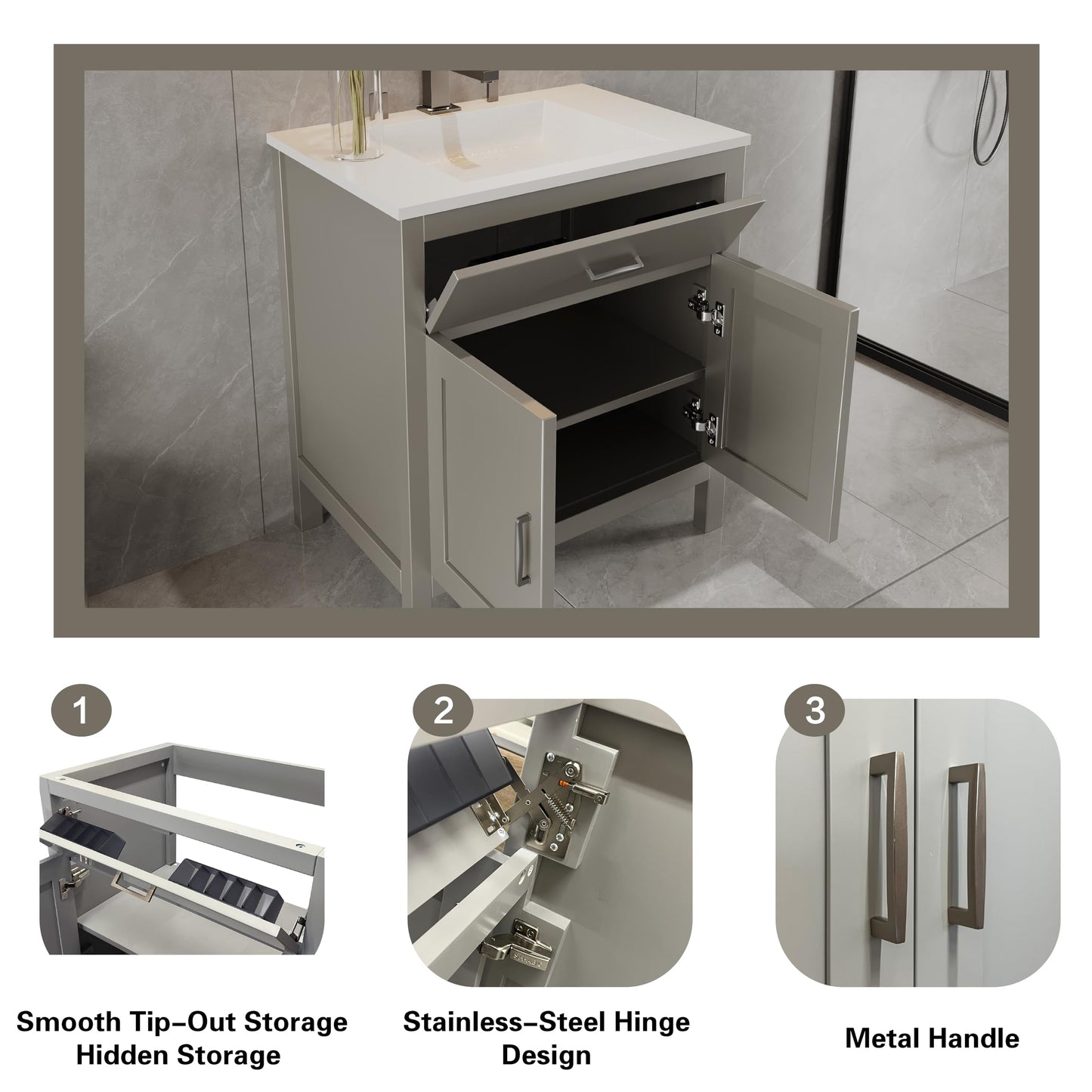30" Light Grey Bathroom Vanity Base Only – Freestanding Solid Wood Sink Cabinet with Tip-Out Drawer, Shaker Style Storage, No Top or Sink, 30" W x 21" D x 34.5" H
