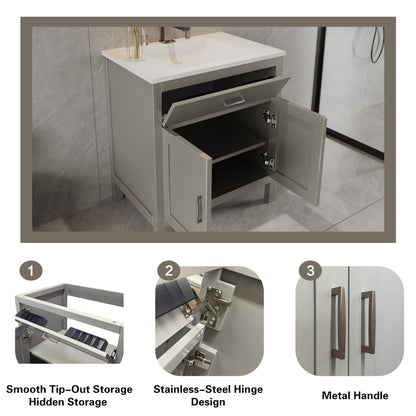 30" Light Grey Bathroom Vanity Base Only – Freestanding Solid Wood Sink Cabinet with Tip-Out Drawer, Shaker Style Storage, No Top or Sink, 30" W x 21" D x 34.5" H