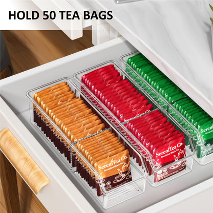 FUCDTEFC Tea Bag Organizer, Holder Box Storage Bin, Clear Tea Packet Plastic Drawer, Sugar Packet, Coffee, Condiment, Spice Bag Holder for Kitchen Cabinet, Countertop, Fridge - 2Pack