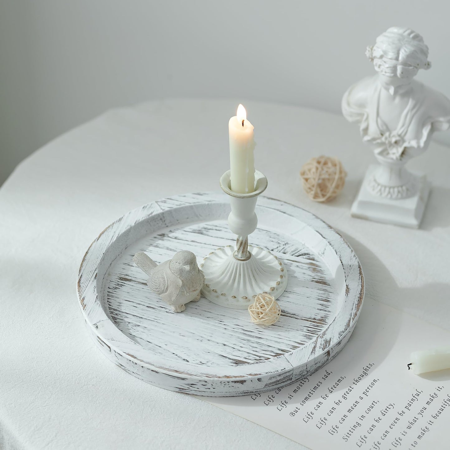 Hanobe Candle Plate Holder Tray: Round White Wood Decorative Tray Decor - Rustic Farmhouse CoffeeTable Decor - Tealight Pillar Trays for Home Decor